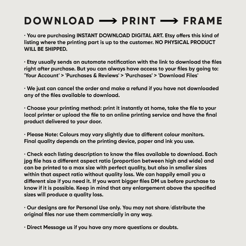 Peut inclure: Instructions textuelles pour t&eacute;l&eacute;charger, imprimer et encadrer de l'art num&eacute;rique. Le texte explique que l'acheteur ach&egrave;te un fichier num&eacute;rique et que l'impression est &agrave; la charge du client. Le texte comprend &eacute;galement des informations sur le format du fichier, le rapport hauteur/largeur et la taille. Le texte comprend &eacute;galement des informations sur l'utilisation des fichiers, indiquant qu'ils sont destin&eacute;s &agrave; un usage personnel uniquement.