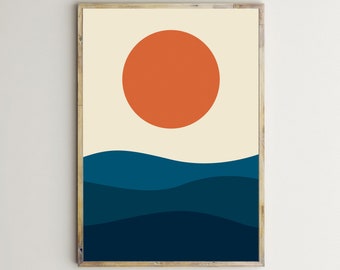 Sunset,Sea Prints,Ocean,Geometric Landscape,Printable Wall Art,Orange Sun,Sunrise,Poster,Home Decor,Waves,Illustration,Wavy,Digital Download