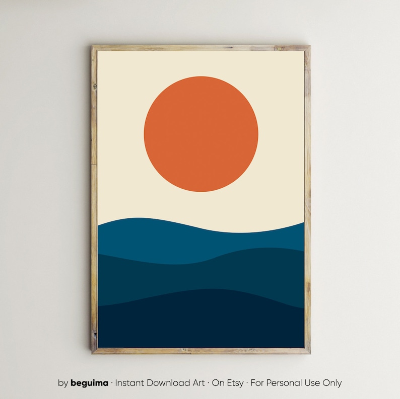 Sunset,Sea Prints,Ocean,Geometric Landscape,Printable Wall Art,Orange Sun,Sunrise,Poster,Home Decor,Waves,Illustration,Wavy,Digital Download 