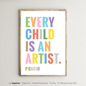 Cada niño es un artista, Pablo Picasso, impresiones con citas inspiradoras para niños, arte mural para maestros, carteles para el aula, decoración para habitaciones de niños pequeños, letreros para niños.
