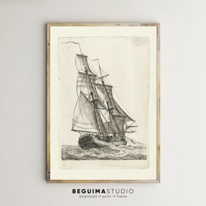 Oud zeilschip wordt afgedrukt galjoen muurkunst vintage zeeposters zwart-wit schets tekening antiek afdrukbaar schilderij karveel digitale download