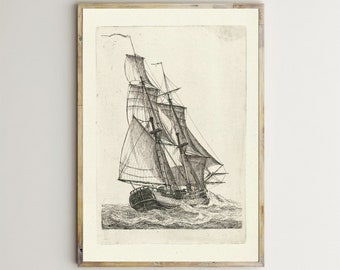 Altes Segelschiff Drucke Galeone Wandkunst Vintage Seeplakate Schwarzweiß-Skizze Zeichnung Antike druckbare Malerei Karavelle Digitaler Download