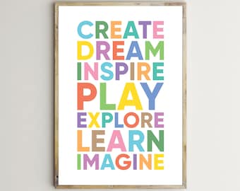 Decor klas, print leraar, inspirerende citaten, muurkunst voor kinderen, dromen, spelen, ontdekken, leren, peuterkamerposters, afdrukbare borden speelkamer