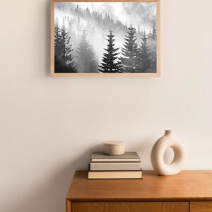 May include: A black and white digital art print of a misty forest with tall pine trees. The print is framed in a light wood frame.