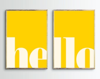 Hello Poster,Yellow Print,Hello Wall Art,Diptych,Double Print,Entryway Decor,Printable Wall Art,Typography,Office,Nursery,Digital Download