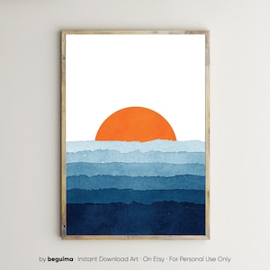 Sunset,Sea,Print,Wall Art,Watercolor,Printable,Ocean,Sunrise,Navy Blue,Orange Sun,Poster,Wall Decor,Waves,Abstract,Painting,Modern,Download