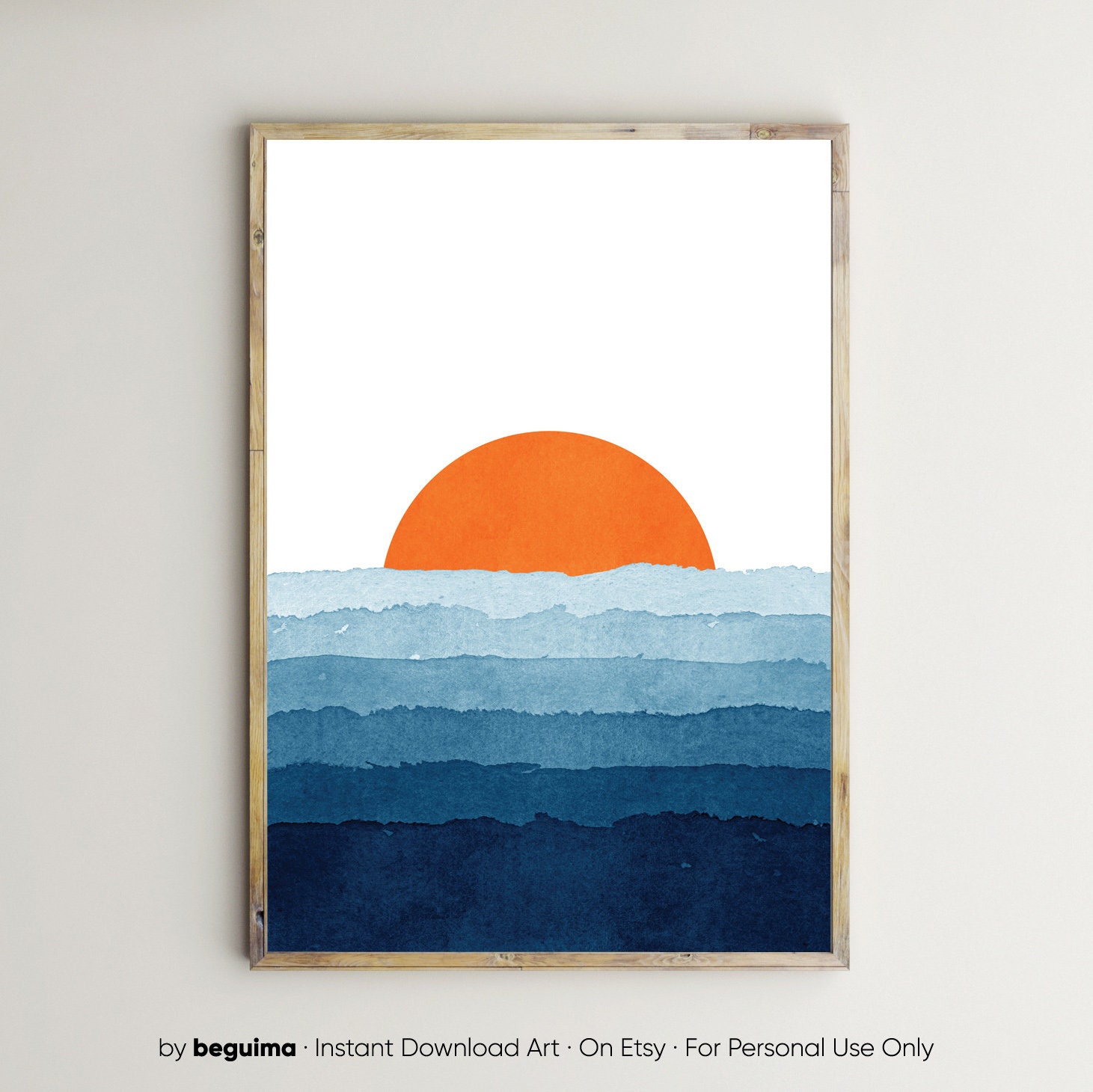 Sunset,Sea,Print,Wall Art,Watercolor,Printable,Ocean,Sunrise,Navy Blue,Orange Sun,Poster,Wall Decor,Waves,Abstract,Painting,Modern,Download