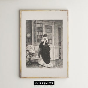 May include: Framed black and white print of a woman reading in a library. The print features a detailed illustration of a woman in a long dress, a bookshelf, and a globe. The frame is a light brown color. Text at the bottom reads "by beguima".