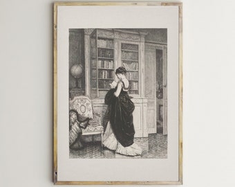 Frau lesen Print, Vintage Buch druckbare Wandkunst, antike Malerei, Frau Porträt Zeichnung, digitaler Download, Buch Raum Dekor, Buchhandlung Druck