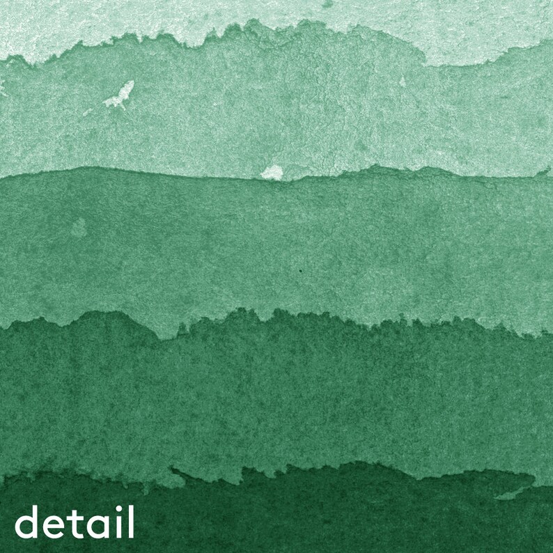 May include: Abstract watercolor painting with horizontal bands of varying shades of green. The word "detail" is printed in white at the bottom of the image. The texture of the paper is visible.