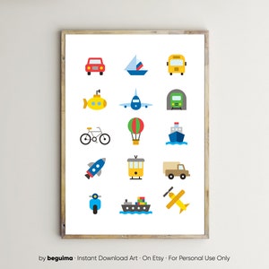 May include: A framed print featuring colorful, flat illustrations of various modes of transportation. Includes a red car, sailboat, yellow bus, submarine, airplane, train, bicycle, hot air balloon, ship, rocket, trolley, truck, scooter, cargo ship, and biplane.