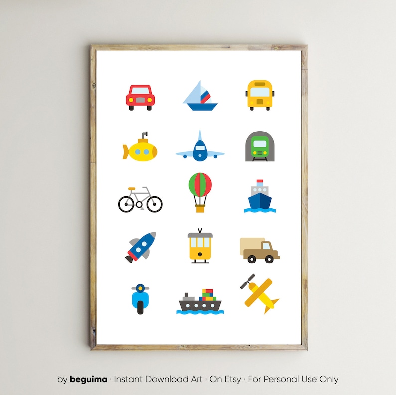 May include: A framed print featuring colorful, flat illustrations of various modes of transportation. Includes a red car, sailboat, yellow bus, submarine, airplane, train, bicycle, hot air balloon, ship, rocket, trolley, truck, scooter, cargo ship, and biplane.