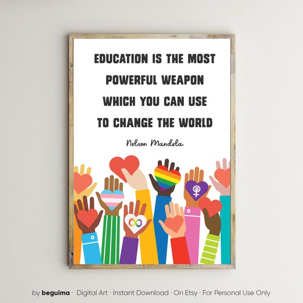 Nelson Mandela inspirerende citaten, klas decor, diversiteit prints, leraar kunst aan de muur, onderwijs poster, kinderen, afdrukbaar, school, racisme, feministisch