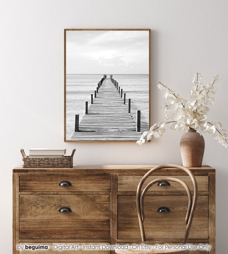 Wooden Pier,Sea Prints,Ocean Wall Art,Landscape Photography,Wood Jetty,Printable Wall Art,Black & White Photo,Sea Poster,Digital Download image 3