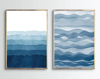 Sea Prints,Set Of 2 Watercolor Paintings,Ocean Print,Blue Wall Art,Waves,Printable,Abstract,Seascape,Sea Posters,Wall Decor,Digital Download