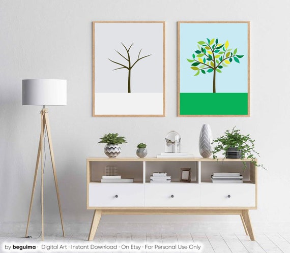 Set Of 2 Botanical Prints Tree Wall Art Landscape Illustration Four Seasons Winter Spring Printable Poster Nursery Diptych Digital Download