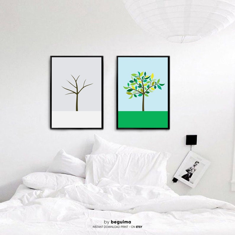 Set Of 2 Botanical Prints Tree Wall Art Landscape Illustration Four Seasons Winter Spring Printable Poster Nursery Diptych Digital Download
