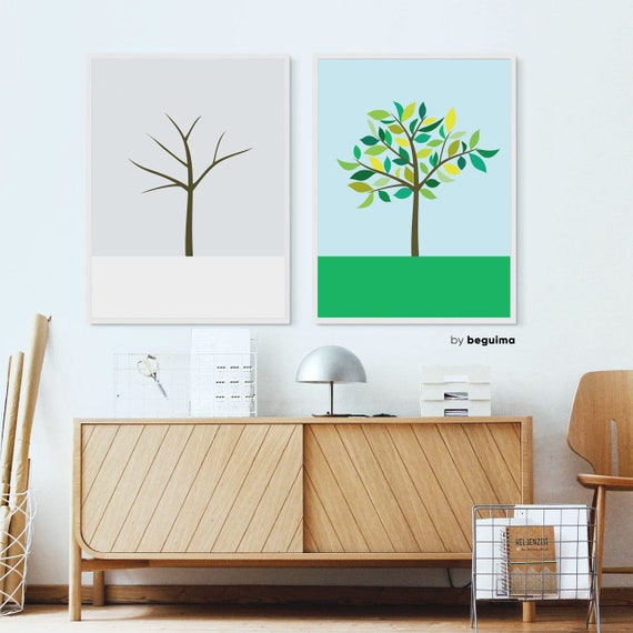 Set Of 2 Botanical Prints Tree Wall Art Landscape Illustration Four Seasons Winter Spring Printable Poster Nursery Diptych Digital Download