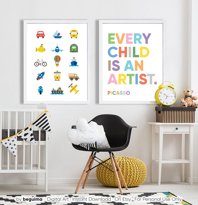 May include: Two framed art prints. One features colorful transportation icons, the other reads "EVERY CHILD IS AN ARTIST" in rainbow hues, with "PICASSO" below. The prints are displayed in a child's room.