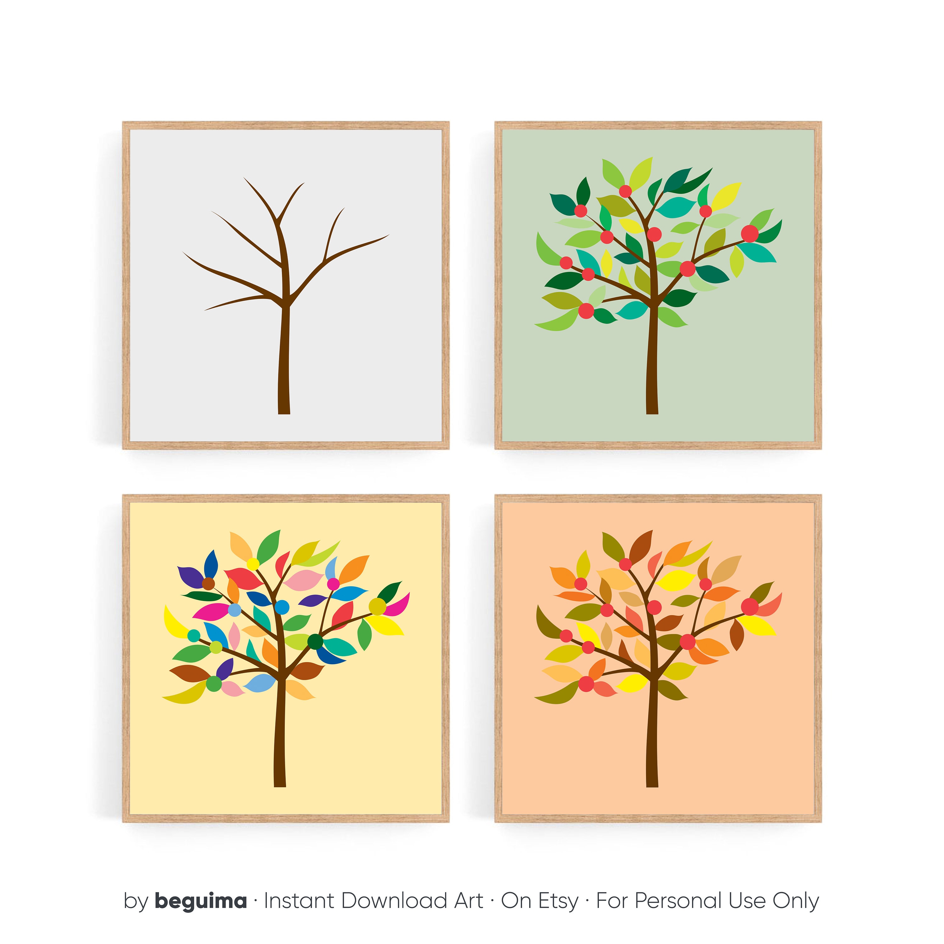 Set Of 2 Botanical Prints Tree Wall Art Landscape Illustration Four Seasons Winter Spring Printable Poster Nursery Diptych Digital Download