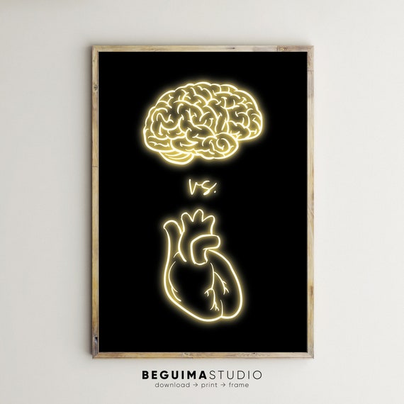 Funny Love Print,Inspiring Printable Wall Art,Follow Your Heart,Head,Brain,Neon Lights Sign,Trendy Posters,Humourous Print,Digital Download