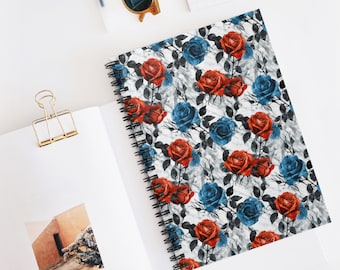 Blue and Red Florals Spiral Notebook, Aesthetic Bridal Planner, Gratitude Journal, Artistic Scrapbook, Gift for Her, Teacher Appreciation