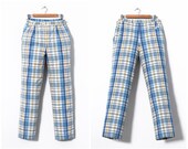 80s Vintage Mens LACOSTE Pants Trousers Checked Blue White Yellow Size 34