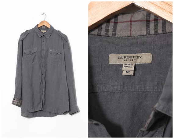 Vintage Mens BURBERRY Linen Long Sleeve Shirt Grey