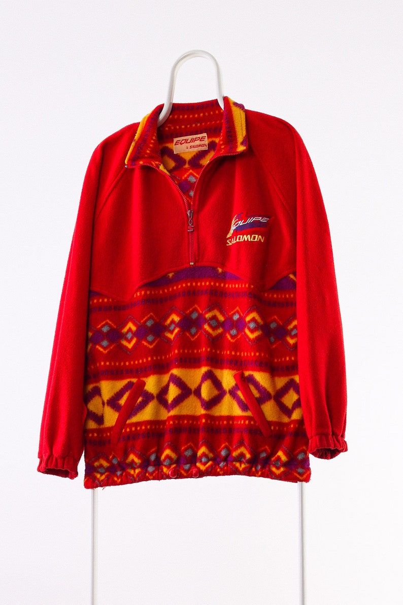 vintage jacket vintage fleece 90s Vintage Men SALOMON Fleece Pullover Half Zip Jacket Aztec Red Size 2XL XXL mens fleece vintage salomon