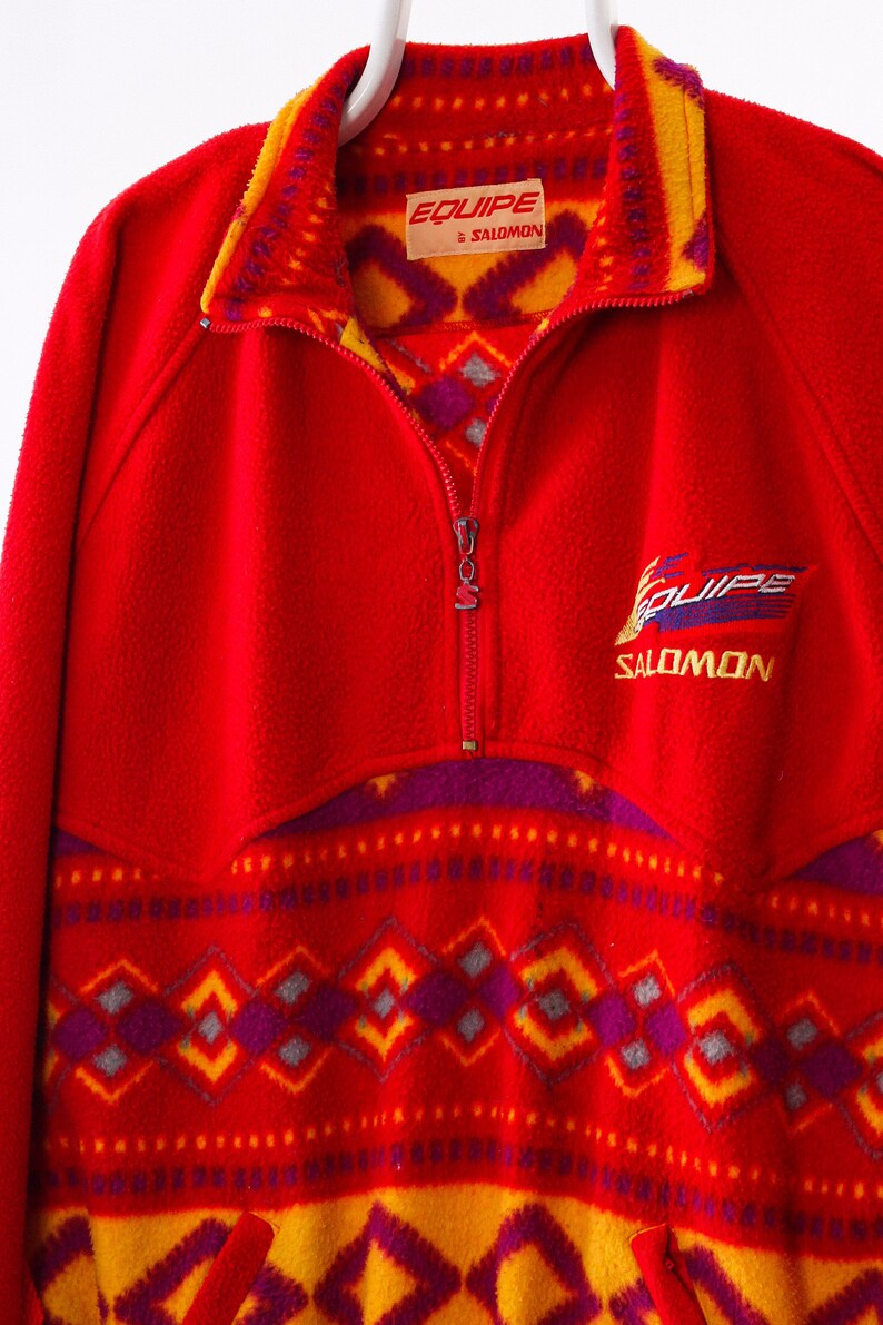 vintage jacket vintage fleece 90s Vintage Men SALOMON Fleece Pullover Half Zip Jacket Aztec Red Size 2XL XXL mens fleece vintage salomon
