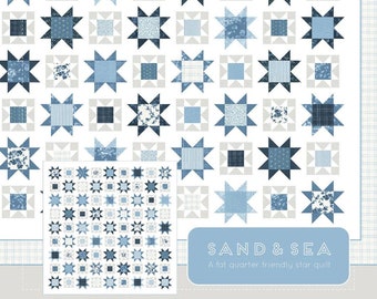 May include: A quilt pattern called "Sand & Sea" by Thimble Blossoms, designed by Camille Roskelley. The pattern features a fat quarter friendly star quilt with a blue and white color scheme.