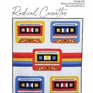 May include: A quilt pattern featuring a retro design of cassette tapes in various colors, including red, yellow, blue, and white. The quilt is titled "Radical Cassettes" and is a pattern by Love Sew Modern. The quilt measures 62 inches by 73 inches.