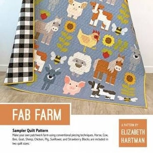 May include: A quilt pattern titled "Fab Farm" with a blue background and colorful patchwork designs of farm animals, including a horse, cow, pig, sheep, chicken, bee, sunflower, and strawberry. The pattern includes instructions for making a quilt.