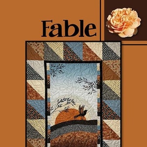 May include: A quilt pattern titled "Fable" by Villa Rosa Designs. The pattern features a quilt block with a sunset, a bird, and branches. The quilt block is surrounded by a border of smaller quilt blocks.