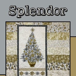 May include: A quilt pattern featuring a gold and white Christmas tree with ornaments and snowflakes. The pattern is called "Splendor" and is designed by Molly Cook for Villa Rosa Designs.