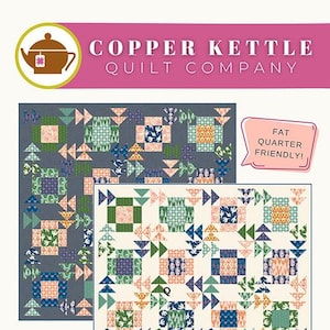 May include: A quilt pattern design by Copper Kettle Quilt Company. The design features two quilt examples with geometric patterns in shades of blue, green, orange, and pink. The text "SKYBOUND" and "RUNNER, BABY, SMALL & LARGE THROW" are displayed.