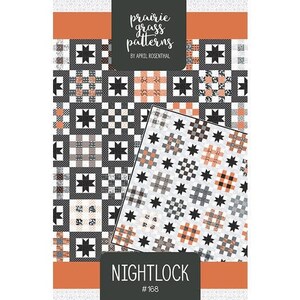 May include: A quilting pattern called "Nightlock" from Prairie Grass Patterns by April Rosenthal. The pattern features a black and white quilt with orange and white accents. The pattern number is #168.