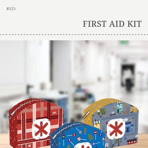 May include: A craft pattern for a first aid kit. The pattern includes three different designs: red and white checkered, yellow and blue with a city scene, and blue and white with a city scene. The finished size of the kit is 5 inches by 4 1/2 inches by 2 inches. The pattern is available on the website sewastory.com.