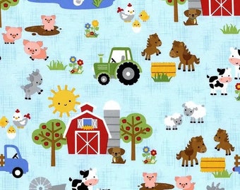Farm Animals Rooster Chicken Cow Horse Pig Sheep Ducks Cat on Blue Farm Novelty Fabric Farm Animals Comfy Flannel Fabric