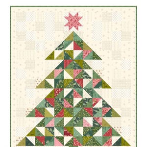 May include: A Christmas tree quilt pattern featuring a green and red patchwork design. The quilt is 38 1/2 inches by 47 1/2 inches. The pattern is called "Christmas Tree" and is part of the Laundry Basket Quilts collection. LBQ-1007-P