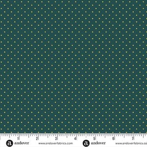 May include: A teal fabric with a repeating pattern of small, light green dots. The fabric is shown with a ruler for scale.