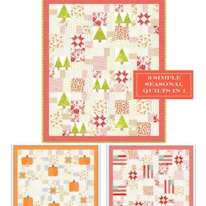 May include: A digital download pattern for three seasonal patchwork quilts. The quilts feature a Christmas tree design, a pumpkin design, and a red, white, and blue design. The pattern is titled "Seasonal Patchwork" and includes the text "3 Simple Seasonal Quilts in 1".