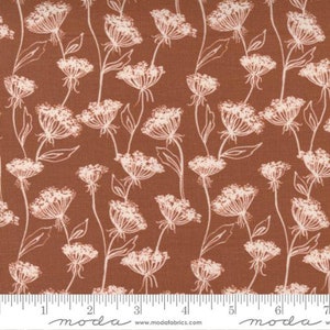 May include: A brown fabric with a white floral pattern. The flowers are stylized and resemble Queen Anne's Lace. The fabric is textured and has a subtle sheen.