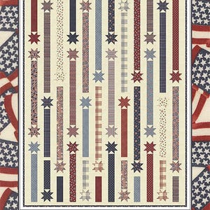 May include: A patriotic quilt design with the word "Fireworks" at the top. The quilt features vertical stripes in red, white, and blue, adorned with star accents. The background showcases American flags, creating a festive and celebratory theme.