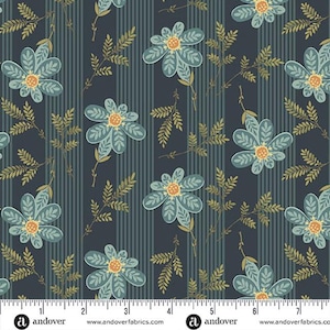 May include: Fabric with a repeating floral pattern. Large teal flowers with orange centers and olive green leaves are set against a dark blue background with vertical stripes. The fabric has a ruler along the bottom with the Andover Fabrics logo.