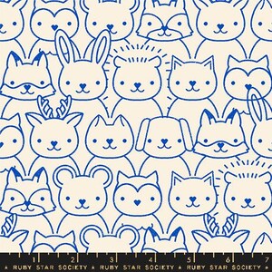 May include: A seamless pattern featuring various animal faces in a blue outline on a cream background. The animals include a fox, a deer, a cat, a dog, a rabbit, a bear, a raccoon, and a hedgehog.