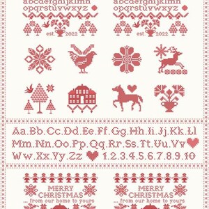 May include: A red and white cross-stitch pattern with the text "Merry Christmas from our home to yours". The pattern includes a house, reindeer, a bird, a snowflake, a tree, and a flower pot. The alphabet and numbers are also included in the pattern.