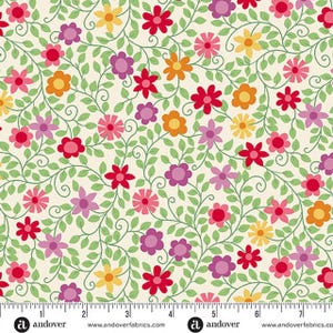 May include: Floral fabric with a cream background, featuring a repeating pattern of colorful flowers in red, pink, yellow, orange, and purple. Green vines and leaves intertwine throughout the design, creating a vibrant and cheerful aesthetic.