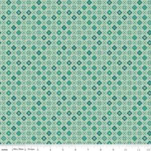 May include: A fabric with a repeating pattern of teal and dark teal floral and cross designs on a light teal background. The fabric is suitable for quilting, sewing, and crafting projects.
