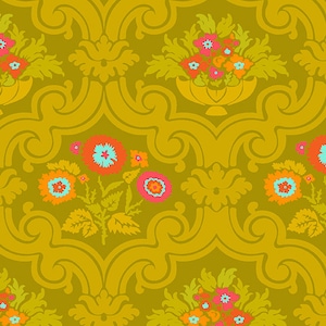 May include: A repeating pattern of stylized floral bouquets in shades of orange, pink, and blue on a mustard yellow background. The floral bouquets are arranged in a damask pattern.